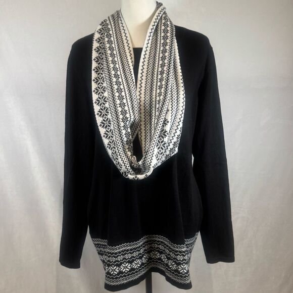 Kim Rogers black and white snowflake reversible removable scarf sweater large - Picture 4 of 10